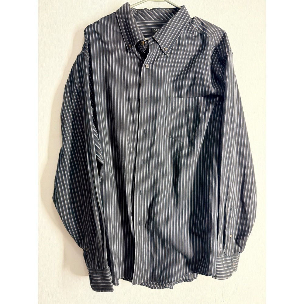 George Mens XL Button Down Shirt Long Sleeve Pinstripe Black White Dress Top